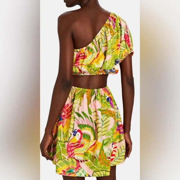 Farm Rio Macaw Leaves Linen-Blend Cutout Mini One-Shoulder Dress, sz XS - Picture 3 of 12